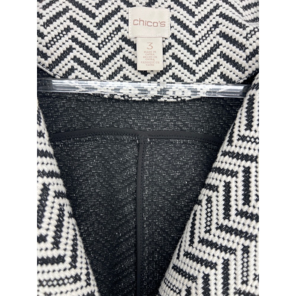Chicos Chevron Longline Jacket Black White Open Front Snap Cardigan Women Size 3 - Picture 2 of 4